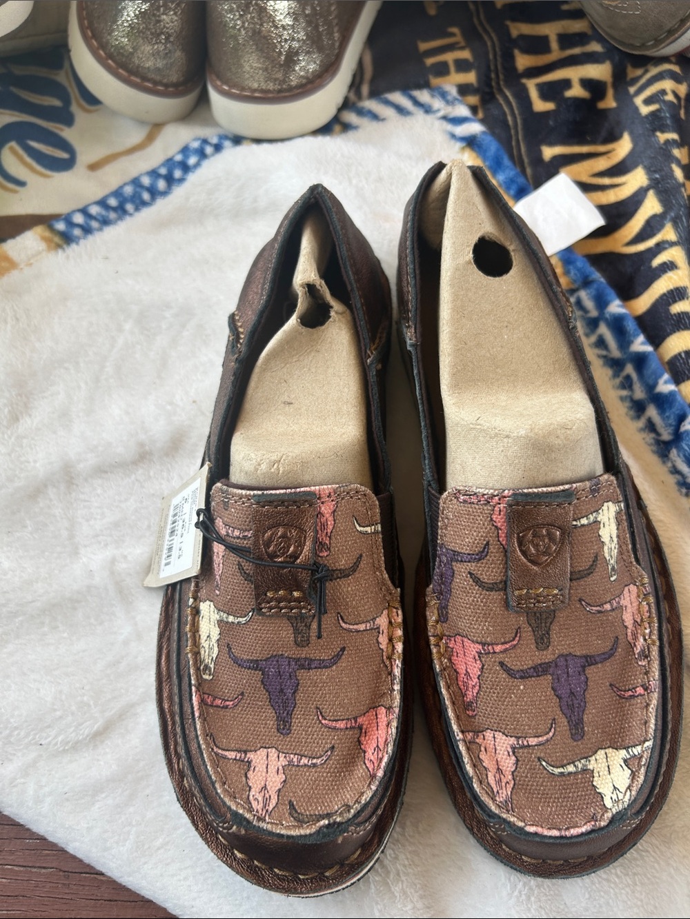 Ariat Brown Canvas Slip-On Sneakers with Multicolor Steer Skull Print